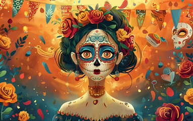 Wall Mural - Digital illustration of a Catrina with traditional motifs for the Day of the Dead celebration in Mexico. Banner, poster, or web design focused on the Day of the Dead and traditional Mexican culture.