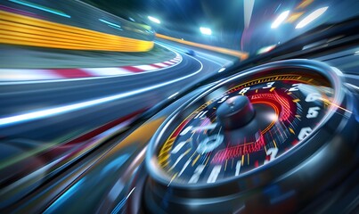 Wall Mural - Speedometer scoring high speed in a fast motion blur racetrack background. Speeding Car Background Photo Concept. 