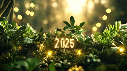 2025, happy new year 2025, new year celebration 2025, happy new year. Welcome 2025. foliage display. New year celebration concept of greening the earth ,generative ai