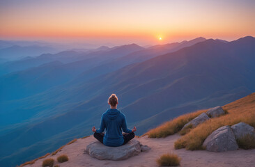 A woman meditates on a mountaintop at sunrise