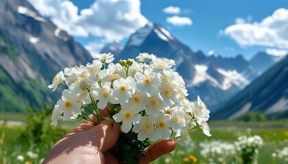 Holding white flowers in hand, the background is the natural scenery of towering mountains and blue sky and white clouds