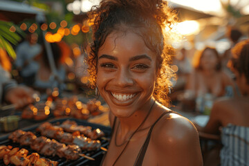 Joyful Friends and Family at a Backyard Summer Barbecue, Cooking and Laughing Together in Warm Sunlight