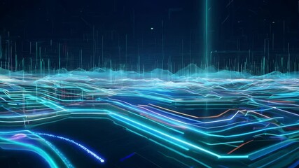 Poster - Dynamic digital landscape visualization featuring flowing energy waves at dusk