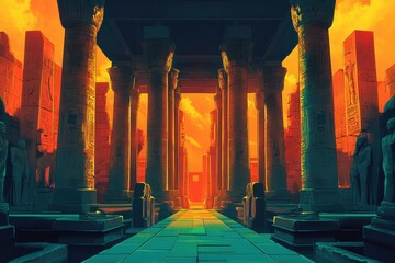 Wall Mural - Ancient Egyptian Temple Entrance with Carved Pillars and Hieroglyphics