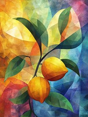 Wall Mural - Colorful abstract artwork featuring geometric lemons and green leaves against a vibrant background, creating a lively and textured visual effect.
