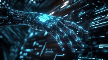 Aufkleber - A Robotic Hand Reaching Out in a Futuristic Digital Environment