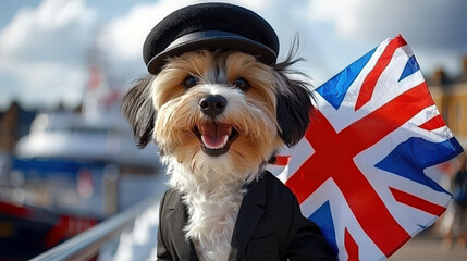 Dog wearing black bowler hat and suit with British flag