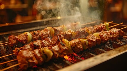 tasty kebab grilling over an open flame in a Turkish restaurant, with the meat perfectly charred and juicy, surrounded by a smoky, savory aroma