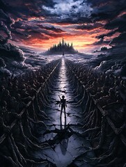 Wall Mural - anime hero making their last stand on a crumbling bridge, facing a horde of enemies with a distant c