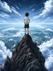 Wall Mural - anime hero standing tall on the peak of a mountain, with a vast landscape stretching out below, the wind whipping through their hair, top view, capturing the vastness of the world and the hero's