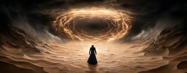 Wall Mural - anime hero facing the final battle in a desert wasteland, with sandstorms swirling around, isometric