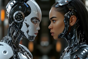 Poster - Hyper realistic close up of two robotic faces with cracked surfaces symbolizing the fragility and imperfection in even the most advanced AI technologies in a futuristic world