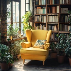 Wall Mural - Cozy Yellow Armchair in Rustic Reading Nook with Books and Plants by Window