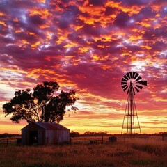 Wall Mural - Vibrant Outback Sunset with Windmill, Shed, and Gumtrees under Fiery Sky