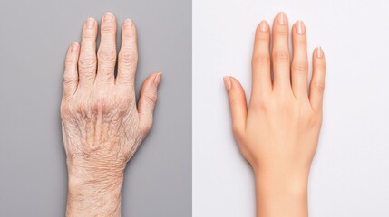 before and after: hand with wrinkles vs youthful skin. a split image illustrating the difference bet