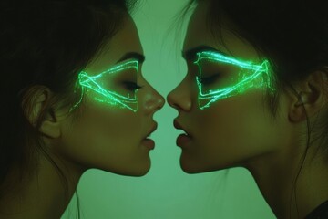 Sticker - Two women with glowing neon glasses facing each other highlighting the blend of fashion and futuristic technology in modern culture