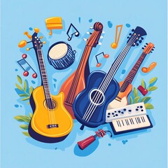 happy world music day and musical instruments with blue background. vector illustration design.generative ai