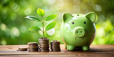 A green piggy bank with coins and plant growing on top blur background