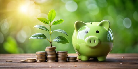 A green piggy bank with coins and plant growing on top blur background