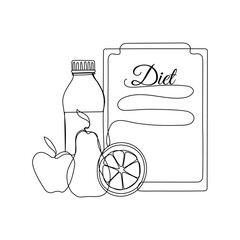 Wall Mural - Continuous one line drawing of fruits, bottle of water and diet menu. Line art concept of healthy eating and dieting. Vector illustration on isolated