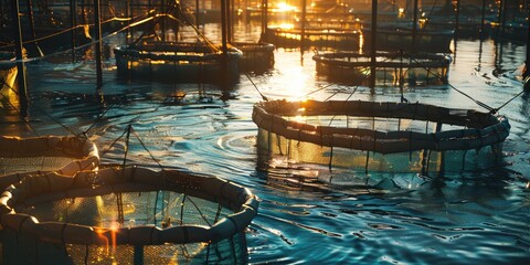 Wall Mural - Wide-Angle View of Fish Enclosures in a Marine Aquaculture Setting