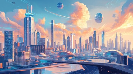 Wall Mural - Futuristic Cityscape at Sunset with Flying Objects