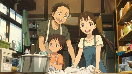 A happy family helps each other clean their house, creating a joyful atmosphere filled with teamwork and laughter