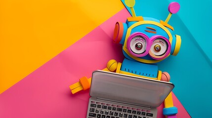 Wall Mural - Funny toy robot made of plasticine with a laptop isolated on colorful background