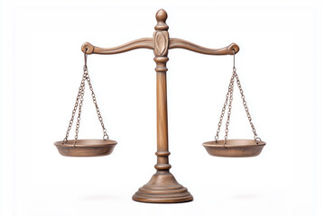 A classic wooden balance scale with intricate details, symbolizing justice and fairness, isolated on a white background