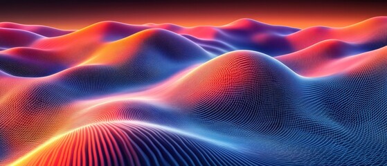 A vibrant landscape featuring colorful waves and gradients, creating a surreal and dreamlike atmosphere of energy and movement.