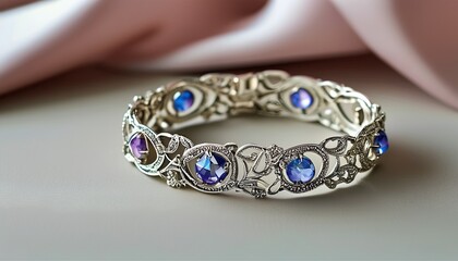 The exquisite silver bracelet is inlaid with bright gems, showing elegant style.