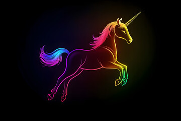 Wall Mural - Rainbow neon outline of a holographic unicorn isotated on black background.