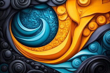 Aufkleber - Vibrant abstract design featuring swirling patterns in blue, orange, and black, perfect for creative projects and digital art.