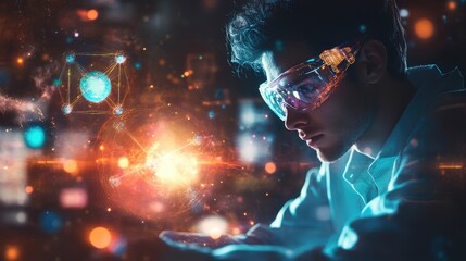 Wall Mural - Scientist Studying a Holographic Projection of a Molecular Structure