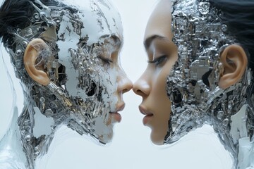 Sticker - Abstract depiction of two human faces partially covered with metallic elements symbolizing the fusion of human identity with advanced technology and the evolution of cybernetic augmentation