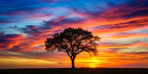 Wall Mural - Silhouette of a tree against a colorful sunset sky in nature outdoors