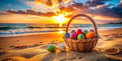 Colorful easter eggs in a basket on a sandy beach with a beautiful sunset background