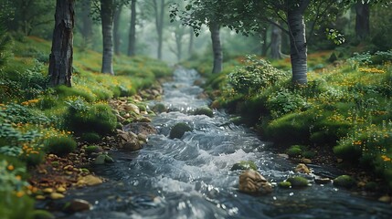 Sticker - A serene forest scene featuring a flowing stream surrounded by lush greenery and flowers.