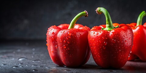 Wall Mural - Fresh vibrant red bell peppers with water droplets on a dark background, perfect for showcasing organic vegetables produce