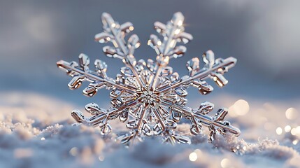 Sticker - A close-up of a snowflake resting on soft snow, showcasing intricate details and glistening frost.