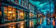 © kittipon - Moody urban streetscape of trendy record stores and independent coffee shops at dusk with rainy reflections on pavement under soft blue-green neon lights.