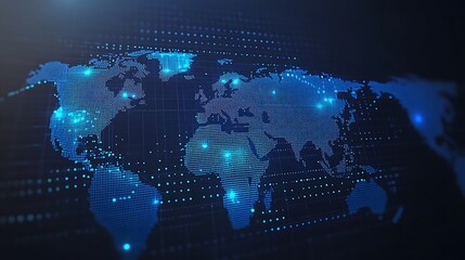 Poster - Digital World Map with Glowing Points and Grid Lines