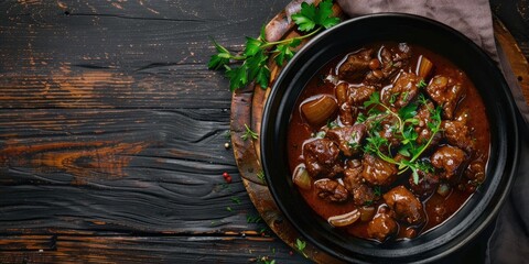 Poster - Hearty Stew with Meat, Beer, and Onions Served in a Dark Bowl on a Wooden Table, Top View with Empty Space for Text