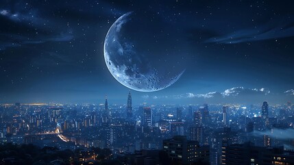 Poster - A serene night cityscape with a large moon illuminating the skyline.