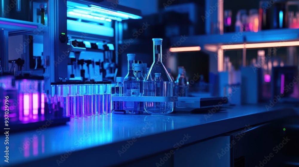 Blue and Purple Lit Chemical Lab Bench with Glassware.