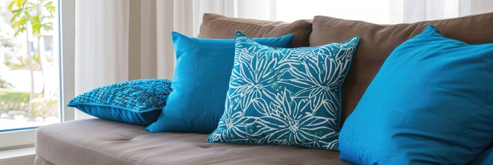 Poster - Close-up of vibrant blue decorative pillows on a minimalist brown sofa beside a window highlighting interior features.