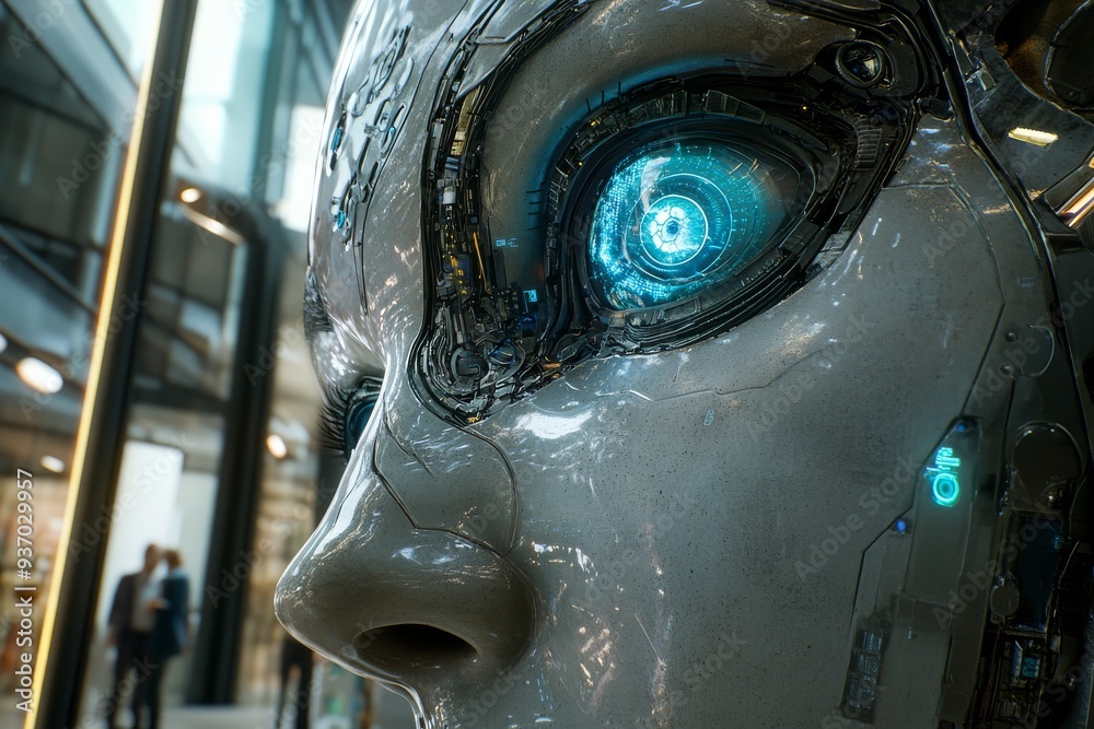 Close up of a highly detailed humanoid robot with a glowing blue eye ...