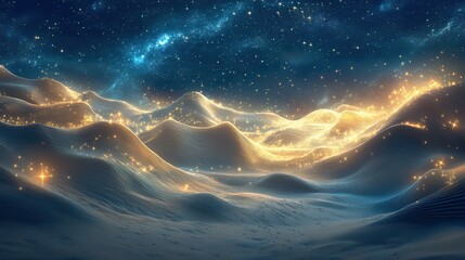 Wall Mural - Abstract Landscape with Glowing Lines and Stars in a Night Sky.