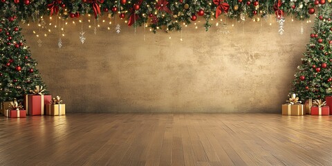 christmas interior wall background with floor and space for text