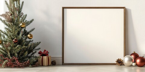 Poster - Blank poster mockup with wooden frame resting on the floor and on a wall with balls, fir leaves and Christmas decorations